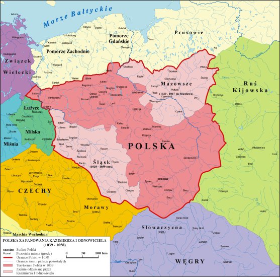 Historia Polski. Historyczne mapy - 1039-1058 Polska za panowania Kazimierza Odnowiciela.jpg